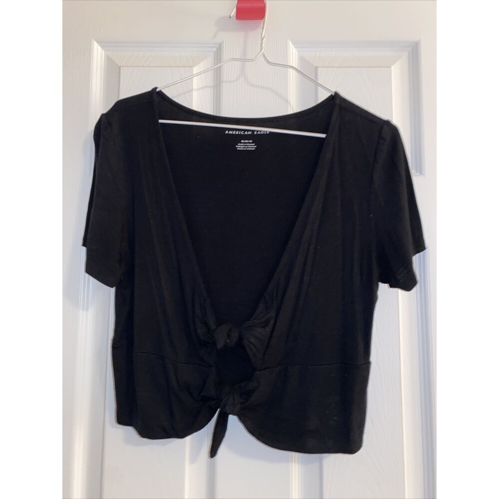 American Eagle Black Crop Top Double Tie Front Short Sleeve Soft Women's Medium